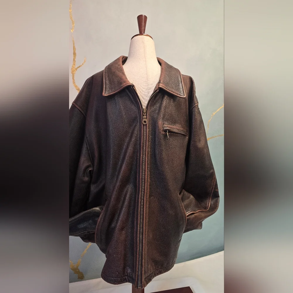 Classic Heavy Brown Leather Motorcycle Zip Jacket - Men's L